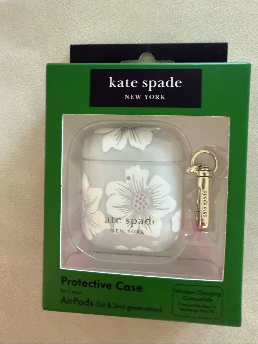 kate spade White Floral AirPods Protective Case with Gold Keyring Charm